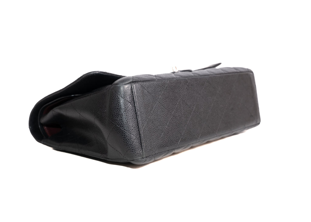 Double Flap Maxi Caviar Schwarz / Silber