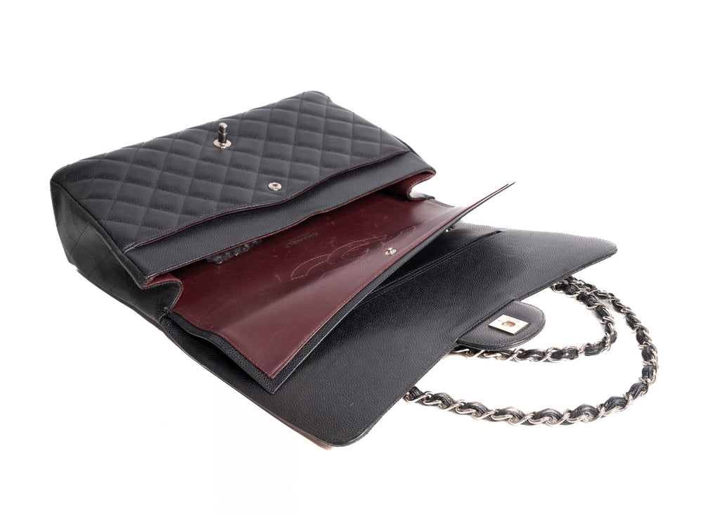 Double Flap Maxi Caviar Schwarz / Silber