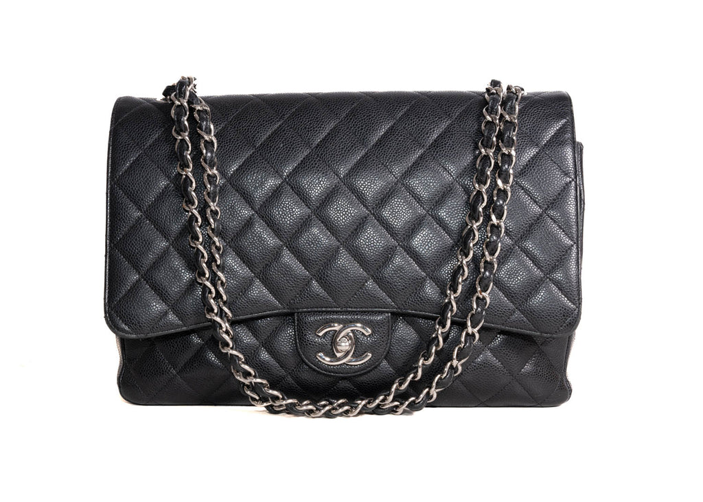 Double Flap Maxi Caviar Schwarz / Silber