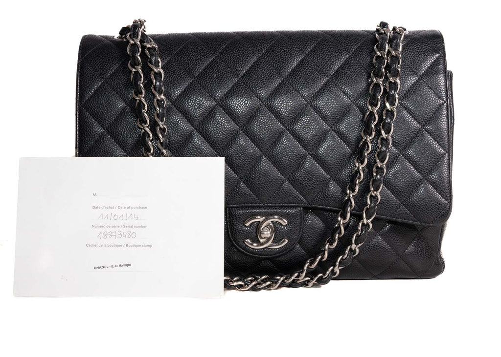 Double Flap Maxi Caviar Schwarz / Silber