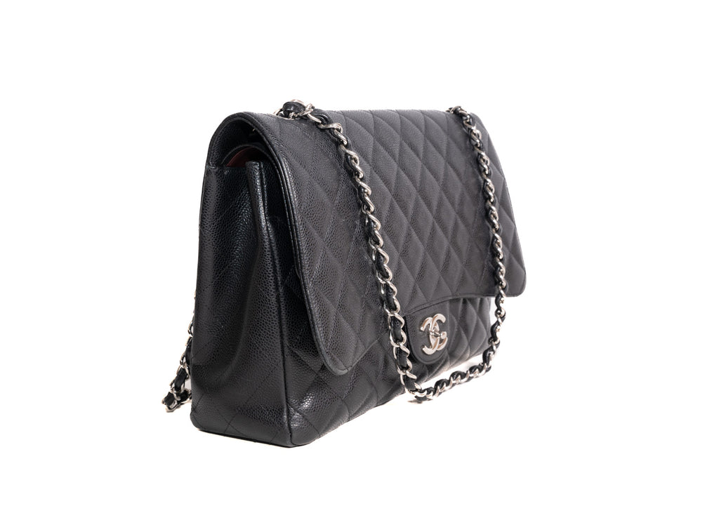Double Flap Maxi Caviar Schwarz / Silber