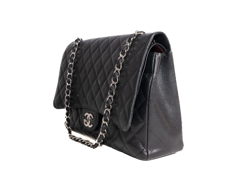 Double Flap Maxi Caviar Schwarz / Silber