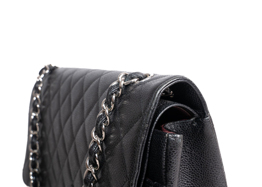 Double Flap Maxi Caviar Schwarz / Silber